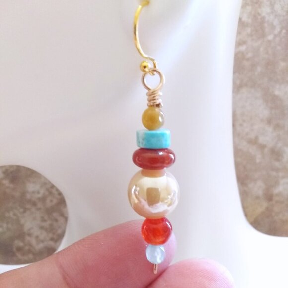 Colorful & Vibrant! Gemstone Beaded Cepter Earrings! Fall Colors! Mixed Media - Picture 5 of 9